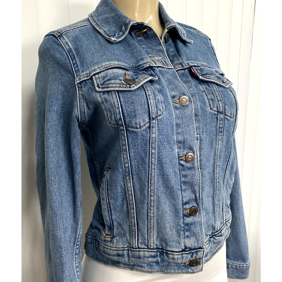 Levi's Premium Original Trucker Jacket Jean Denim Blue Long Sleeve Button Down S - Picture 3 of 9